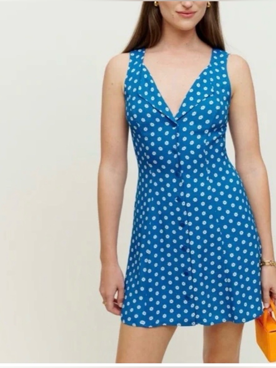 Reformation - Blue Mini Dress With White Daisy Print